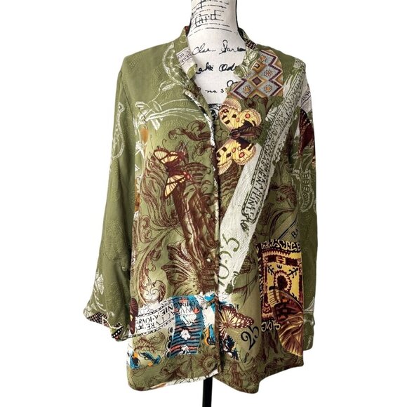 Citron Santa Monica Silk Top Button-Up Tunic Artsy Green Butterfly Women Size 1X - Picture 1 of 8